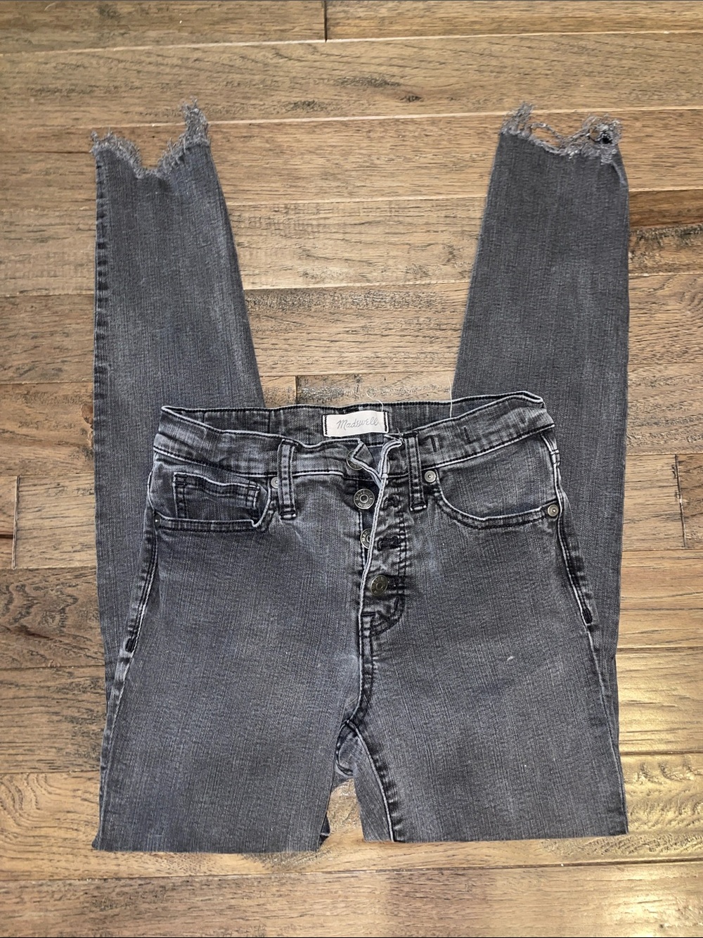 Madewell Washed Gray High-Rise Skinny Jeans with Frayed Hems